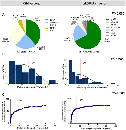 Figure 3. The distribution of GN subtypes (A), diagnosis time (B), and incidence of abnormal urine test (C) in GN group and uESRD group. #Distribution of glomerular disease subtypes in GN group and uESRD group after transplantation; *Time of GN diagnosis in GN group and ESRD group; ♦ Occurrence of postoperative abnormal urine test in graft GN KTRs in GN group and uESRD group. LN, lupus nephritis; HSPN: Henoch–Schonlein purpura nephritis; MesGN, mesangial glomerulonephritis; FSGS, focal segmental glomerulosclerosis; PGNMID, proliferative glomerulonephritis with monoclonal IgG deposits; MN, membranous nephropathy; IgMN, IgM nephropathy; ICGN, Immune complex glomerulonephritis; GN, glomerulonephritis; uESRD, unknown causes of end-stage renal disease.