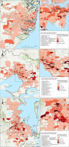 Figure 2. Spatial distribution of total informal housing listings as percentage of rental housing stock in three cities. Source: Derived from Realestate.com.au, Citation2021; Gumtree.com.au, Citation2021; Flatmates.com.au, Citation2021; ABS, Citation2022.