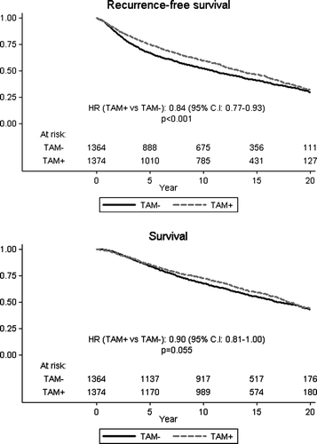 Figure 2.  Overall and event-free survival among all patients according to allocated treatment. Relative hazard (HR) and logrank p-values are indicated.