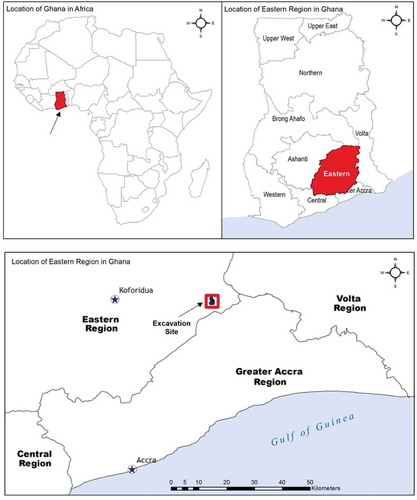 Figure 1. Map showing the Eastern Region in Ghana and the excavation site.