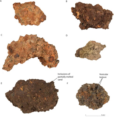 Figure 3. Photographs of iron production debris found at the Hoeke site. (A) is a sample representing the first (1) microscopical group, (B), is a sample representing the second (2) group, (C) represents a PCB slag, and (D) is an iron slag sample with technical ceramics attached to the surface. (E) shows an example of a slag with imprints of partially melted sand on the surface. The vesicular texture of the slag from the second (2) group is shown in Figure 3F.