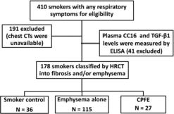 Figure 1. A flow diagram of study design. CC16: club cell protein 16; TGF-β1: transforming growth factor β1; ELISA: enzyme-linked immunosorbent assay; CPFE: combined pulmonary fibrosis and emphysema.