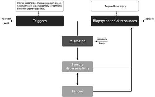 Figure 2. Proposed model that describes the triggers and maintenance of SHS symptoms after ABI.Note. The boxes containing triggers and acquired brain injury could be replaced by individualized factors such as other triggers, or circumstances that impact an individual’s biopsychosocial resources.