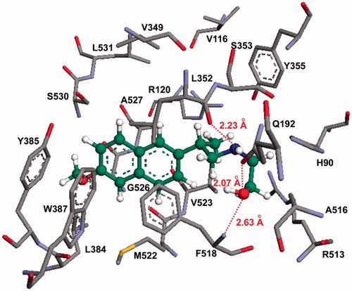 Figure 4. Molecular modeling (docking) of compound 13b (carbon atoms in green color) in the binding site of COX-2 (PDB ID: 6COX; Eintermolecular = −12.23 kcal/mol). Hydrogen atoms of amino acid residues have been omitted for clarity.