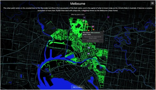 Figure 5. Entry point for the Melbourne Urban Forest Patch, showing information about a selected tree and options for viewing or adding Stories the tree may carry.