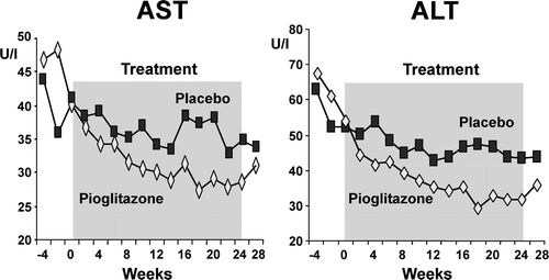 Figure 1.  Effect of diet plus pioglitazone compared to diet alone (plus placebo) on liver transaminases. Note that during the run-in, dietary advice rapidly lowers AST and ALT. However, pioglitazone compared to modest weight reduction has a much more significant impact in improving AST and ALT levels, normalizing both enzymes with 6 months of treatment. Shaded area represents pioglitazone or placebo administration period.