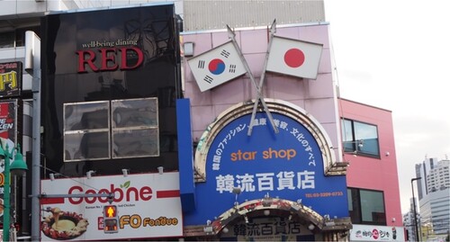 Figure 3. Korean and Japanese flags at the entrance to Koreatown, Shin-Ōkubo.