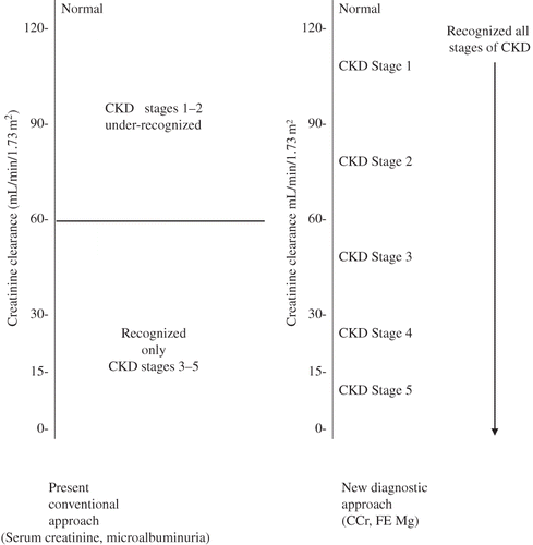 Figure 1. Comparison between current diagnostic markers versus new diagnostic approach to screen for staging of chronic kidney disease.
