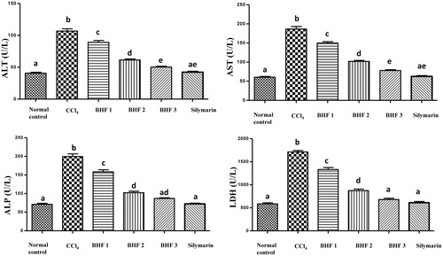 Figure 2. Effect of BHPF and silymarin on the hepatic function tests of CCl4-intoxicated mice. Data are expressed as the means ± SEM (n = 8). BHPF 1, 2 and 3: 100, 200 and 400 mg/kg of BHPF, respectively. Values having different superscripts are significantly different at p < 0.05.