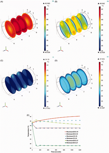 Figure 5. Temperature profile at the end of 1200 s of AMF exposure. (A) No external cooling. (B) Dual chamber discontinuous cooling at 35°C. (C) Dual chamber discontinuous cooling at 27°C. (D) Single chamber continuous cooling at 35°C. (E) Comparison of maximum and minimum temperatures in the domain among cases B, C and D.