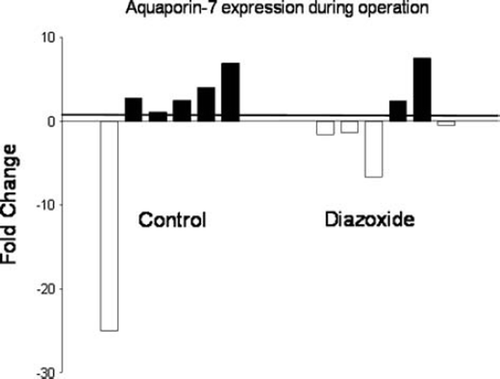 Figure 2. Aquaporin-7 during coronary artery bypass grafting (CABG) in Controls and in patients with Diazoxide. Dark thick line indicates base line (+ 1) Aquaporin-7 expression before CABG to which Fold Change values during CABG were compared within each patient.