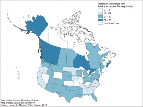 Figure 1 Universities with publicly accessible naming policies in Canada and the United States.