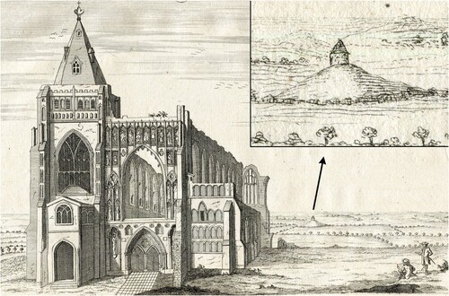Figure 15. Stukeley’s view of the western prospect of Crowland Abbey, 14th July 1724, including a depiction of a building at Anchor Church Field located on a distinctive mound (Stukeley Citation1776, pl. 4:2d)