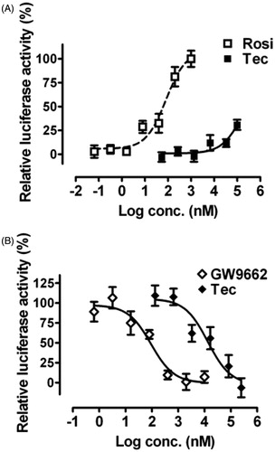 Figure 4. Effects of tectorigenin on PPARγ transactivation. Reporter gene assays were performed in HEK293 cells cotransfected with mPPARγ and PPRE-luc plasmids. (A) Tectorigenin moderately activated PPRE-mediated transcription in HEK293 cells. Rosiglitazone (Rosi) was used as a positive control. Data (mean ± SEM) are percentage of 1 μM rosiglitazone (n = 3). (B) Tectorigenin antagonized rosiglitazone (0.5 μM)-mediated PPARγ transactivation (n = 3). GW9662 was used as a positive control.