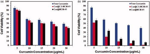 Figure 6. Cytotoxicity of free curcumin, Cur@CS-MCM-41 and Cur@MCM-41 against U87MG and evaluated at (a) 24 h and (b) 72 h after the treatment. Data are shown as the mean ± SD (n = 3), as a percentage relative to the control.