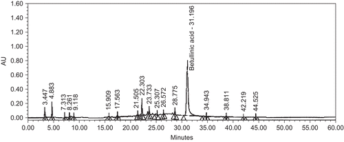 Figure 1.  Standardized chromatogram of seed extract of Ziziphus mauritiana. Chromatogram of seed extract of Ziziphus mauritiana employing HPLC profile of chemical marker. HPLC was performed using acetonitrile:water gradient over a period of 60 min: acetonitril 10%, 0.01–5 min; 10%–60%, 5–30 min; 60%–98%, 30–40 min; 98%, 40–45 min; 98%–10%, 45–55 min; 10%, 55–60 min. Other conditions were same as described in materials and methods.