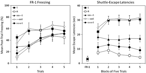 Figure 3. Percent freezing (left panel) and shuttle escape latencies (right panel) for five groups in Experiment 3. Two groups were exposed to traumatic shock stress (Group S) or simple restraint (Group R). Three other groups were pre-exposed to 3 d of 25 inescapable tail shocks followed by traumatic shock. These three groups received 3 d of rest that either preceded training (Group —sssS), followed training (Group sss—S), or was interpolated with training (Group s-s-s-S). Shuttle-escape testing occurred 24 h later. Freezing was measured over 5 trials (FR-1) at the start of the shuttle-escape test. Impaired escape performance was assessed over the next 25 trials (FR-2).