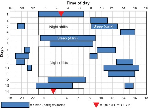 Figure 3 Sleep times for a control subject in study 4Citation243 that had short daytime sleep after night shifts, sometimes stayed awake for many hours in the morning after night work, napped before some night shifts, and went to sleep and woke up relatively early on days off.Smith MR, Fogg LF, Eastman CI. Practical interventions to promote circadian adaptation to permanent night shift work: study 4. J Biol Rhythms. 2009;24:161–172, Copyright © 2009 by the Journal of Biological Rhythms. Reprinted by Permission of SAGE Publications.Citation243