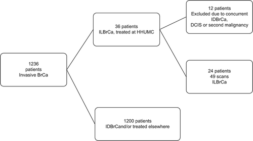Figure 1. Patients’ selection flowchart. Note: BrCa, breast cancer; DCIS, ductal carcinoma in situ; HHUMC, Hadassah Hebrew University Medical Center; ILBrCa, invasive lobular breast cancer; IDBrCa, invasive ductal breast cancer.