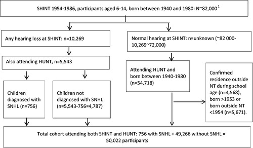 Figure 1. Flow chart of participants from the baseline childhood study (the School Hearing Investigation in Nord-Trøndelag; SHINT) and the age-matched control group study (the Norwegian Health Study; HUNT). 1Children born in Nord Trøndelag between 1940–1980 = 81,920.
