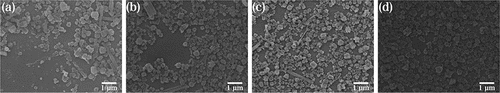 Figure 2. SEM images of thin films fabricated by the liquid-liquid interface assembly technique using the C60 NCs dispersion. The deposition times were (a) 1 time, (b) 2 times, (c) 3 times and (d) 4 times and baked at 120 °C for 20 min.