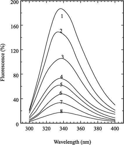 Figure 9 Fluorescence emission spectra of the enzyme inactivated by H2O2. The final concentration of the enzyme was 0.475 μM. The H2O2 concentration for curves 1–8 were 0, 0.1, 0.2, 0.3, 0.4, 0.6, 0.9 and 1.2 M, respectively.