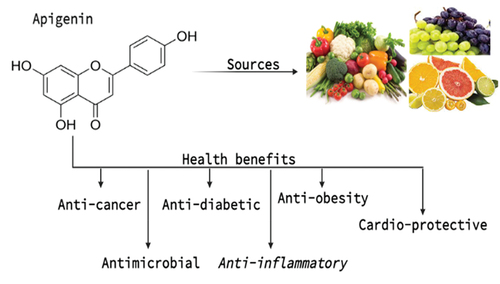 Figure 2. Natural sources and potential health benefits of apigenin.