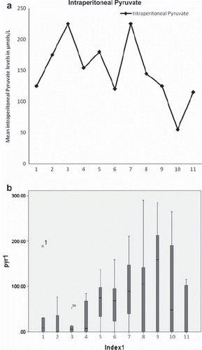 Figure 3a, b. Trends of intraperitoneal pyruvate levels (mean and S.D.).