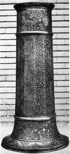 Figure 14. Kashan-Samarra torch stand. Iraq Museum, inv. no. 10469. 969/1561–62, Iran (possibly Kashan). Brass; cast and engraved. After Melikian-Chirvani, Islamic Metalwork from the Iranian World, 265, fig. 65.