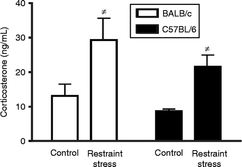 Figure 1.  Plasma corticosterone concentration as a result of chronic restraint stress. Mice were placed in restrainers for 2 h a day during 10 consecutive days. Plasma corticosterone was analysed 24 h after the last session of stress. Both strains showed a significant increase in plasma corticosterone concentration after chronic stress in comparison with non-stressed mice ( ≠ p < 0.005 by two-way ANOVA). No differences were found between strains. Data are expressed as mean ± SEM; n = 6–8.