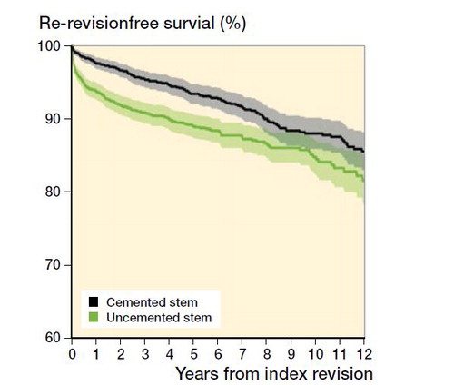 Figure 2. Unadjusted survival of uncemented and cemented revision stems.