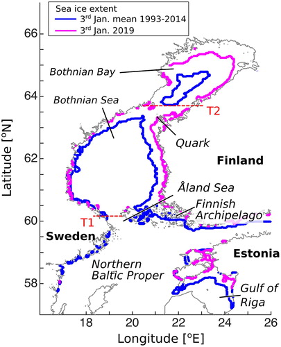 Figure 4.4.1. Map of the northern Baltic Sea (Gulf of Bothnia) and locations mentioned in text. The purple and blue contours show sea ice extent on 03 January 2019 and climatological mean on 3rd January over the period of 1993–2014, respectively (Product reference 4.4.4 and 4.4.5). The storm track is visualised with a dashed purple line. Location of minimum air pressure, complemented with a timestamp and value, is shown with black dots. The grey shade shows the maximum depth of the low-pressure area over the period of 31 December 2018–2 January 2019. The inset in the lower left corner shows the coastline of the Baltic Sea. The minimum at 03:00 UTC 01 January 2019, located off the cyclone track, signifies the development of a secondary low due to the disruptive effect from Norwegian mountains, which later merges with the old low at around 09:00 UTC 01 January 2019 (Product reference 4.4.6).