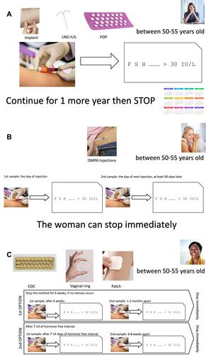 Figure 3 When to stop contraception? In the case of progestin-only pill, implant and levonorgestrel-realising intrauterine system use (A), depot medroxyprogesterone acetate use (B) and combined hormonal contraceptive (pill, vaginal ring and patch) use (C).