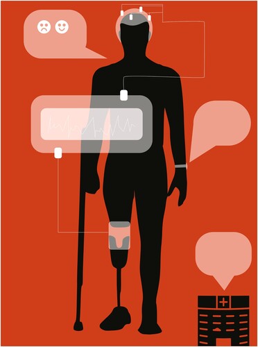 Figure 4. An illustration of two visions: ‘the digital physiotherapist’ and ‘brain-controlled prosthetics’. Design by author 1.