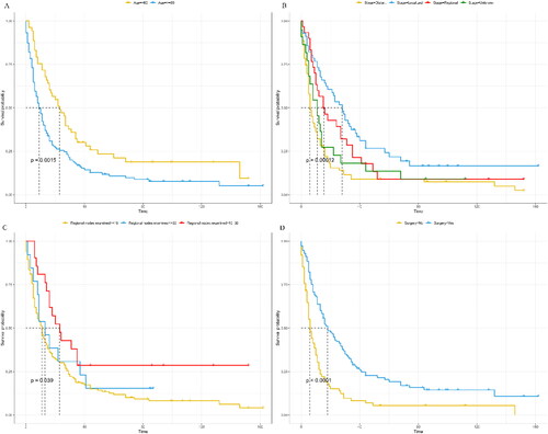 Figure 2. Kaplan-Meier (KM) survival curves comparing the overall survival (OS) of patients with rectal melanomas (RM). (A) patients’ age; (B) tumor stage; (C) regional nodes examined; (D) surgery.
