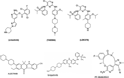 Figure 2. Information for structural formulas of crizotinib, the lead compound TAE684 and ceritinib (LDK378) taken from Chen et al. (2013) [Citation17]; other structures from references cited in the text.