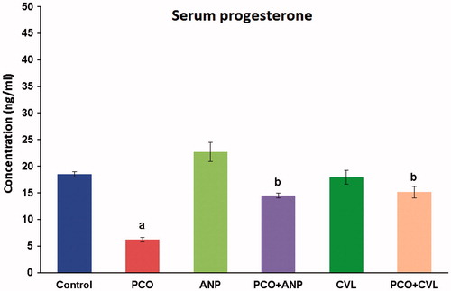 Figure 11. Comparative assessment of serum progesterone concentrations in control and experimental groups of rats. aA significant difference between control and other treated groups at p < 0.05 level. bA significant difference among PCO−, PCO + ANP−, and PCO + CVL-treated groups at p < 0.05 level. CVL, carvedilol; ANP, ANGIPARS™; PCO, polycystic ovary.