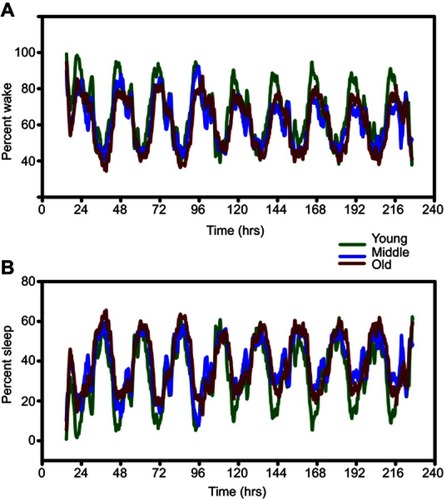 Figure 2 Representative piezoelectric recordings of wake and sleep in young (green lines), middle-aged (blue lines), and old (red lines) mice. Overlaying each trace shows greater differences in wake activity (A) vs sleep (B).