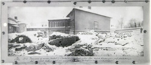 Figure 1. Panoramic view of the building remains uncovered on the plot of Kaskenkatu 1 in 1901. Photo: Turku Museum Centre.