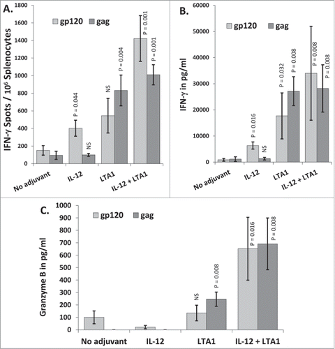 Figure 4. Complementary adjuvant effects of LTA1 with IL-12: Groups of 5 BALB/c mice were immunized i.m. on days 0 and 21 with 25 μg of pSIV-gag and 15 μg of pHIV-gp120 plus either 30 μg of empty plasmid, 30 μg of pLTA1, 30 μg of pIL-12 or 15 μg of pLTA1 + 15 μg of pIL-12. Day 35 splenocytes were stimulated with SIVmac239gag or HIV-BaLgp120 peptide pools for IFN-γ ELISpot assays and for supernatant cytokine analysis. (A) Splenocytes assayed by IFN-γ ELISpots. (B) Supernatants from peptide stimulated splenocytes plated at 8 × 105 cells/well analyzed by IFN-γ ELISA. (C) Supernatants from peptide stimulated splenocytes plated at 8 × 105 cells/well analyzed by Granzyme B ELISA. The error bars represent the standard errors of the means. The P values in panel (A) (compared to the no adjuvant group) were calculated with a Students T Test using SigmaPlot v12 software. The P values in panels (B and C)(compared to the no adjuvant group) were calculated with a Mann-Whitney Rank Sum-test using SigmaPlot v12 software. NS stands for not significantly different from the unadjuvanted control. The results shown are froma single experiment of 2 performed.