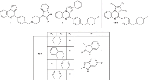 Figure 1.  Structure of compounds I, II and new synthesized substituted isoindolo- or indoloquinoxaline derivatives 1a-h.