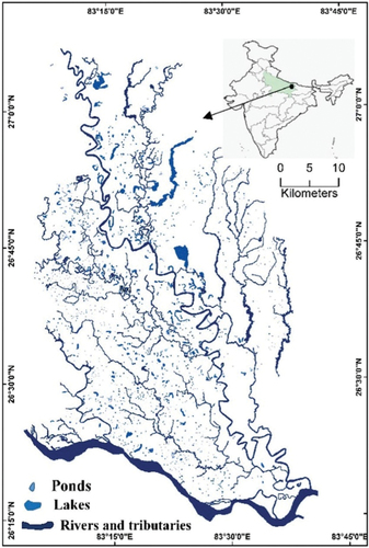 Figure 1. Rivers, lakes, and ponds in the Rapti river plain.
