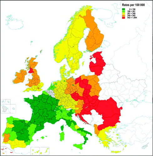 Figure 1.  Cardiovascular mortality in men across European regions. Age-standardized mortality from cardiovascular disease (ischaemic heart disease and cerebrovascular disease combined), in European regions (men; age group 45–74 years), based on data from Eurostat and the National Statistical Offices of the respective countries (2000). Reprinted with permission from Citation[6].
