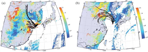 Figure 7. The combined MODIS AOD image and 5-day backward trajectories on June 13 (a) and September 18 (b), 2009.