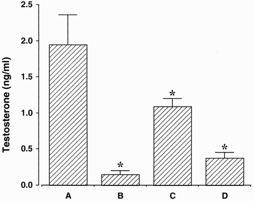 Figure 1. Testosterone concentration. (A) Control group, (B) orchiectomy group, (C) bicalutamide treatment group, and (D) goserelin treatment group. The data is presented as the mean ± standard error of the mean (SEM). * represents p < 0.05 compared to the control group.