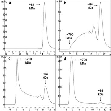 Figure 3 Size exclusion chromatography of polymerized human Hbs: a) Pure non-modified Hb; b) Hb complex resulting from addition of Hb-(10)-SH and Hb-(10)-Mal added at equal molar ratios; c) complex resulting from Hb-(15)-SH and Hb-(15)-Mal; d) complex resulting from Hb-(25)-SH and Hb-(25)-Mal. The number before the -SH refers to the mole excess of Trauts reagent used to modify the Hb. The number before the -Mal refers to the mole excess of GMBS used to modify the Hb.