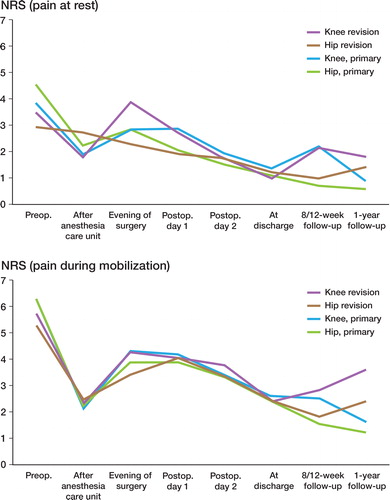Figure 2. Pain at rest (upper panel) and mobilization (lower panel) at 8 time points, from preoperatively until 1 year postoperatively. Lines represent mean pain score for each patient group.