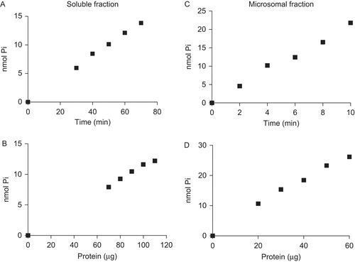 Figure 1.  Time course and protein concentration curves for p-Nph-5′-TMP hydrolysis. Time course in the soluble fraction was performed with 90 µg of protein; 30 µg of protein was used in microsomal fraction. In relation to protein concentration curves were used 40 and 6 min for p-Nph-5′-TMP hydrolysis in soluble and microsomal fractions, respectively. The plots are representative of three independent experiments for each fraction.