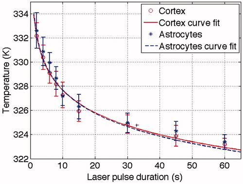 Figure 4. Comparison of the extracted temperatures (K) from the previous astrocyte study [Citation24] (stars and blue dashed line) and the present cortical cell study (circles and red solid line). The comparison show that the results match, and that both curves are plotted within the standard deviations.
