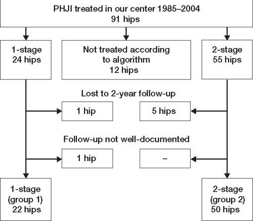 Figure 2. Flow of hips included in the study. Exclusion of 19 of 91 hips that did not fulfill the inclusion criteria.